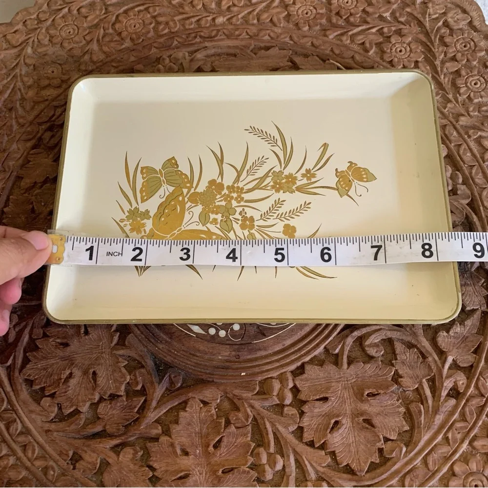 Vintage Otagiri Japan Butterflies Floral Lacquerware Mini Tray Decor Gold Ivory